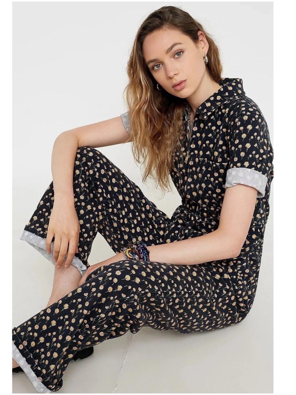 BDG Denim Daisy Print Boiler Jumpsuit Sz M